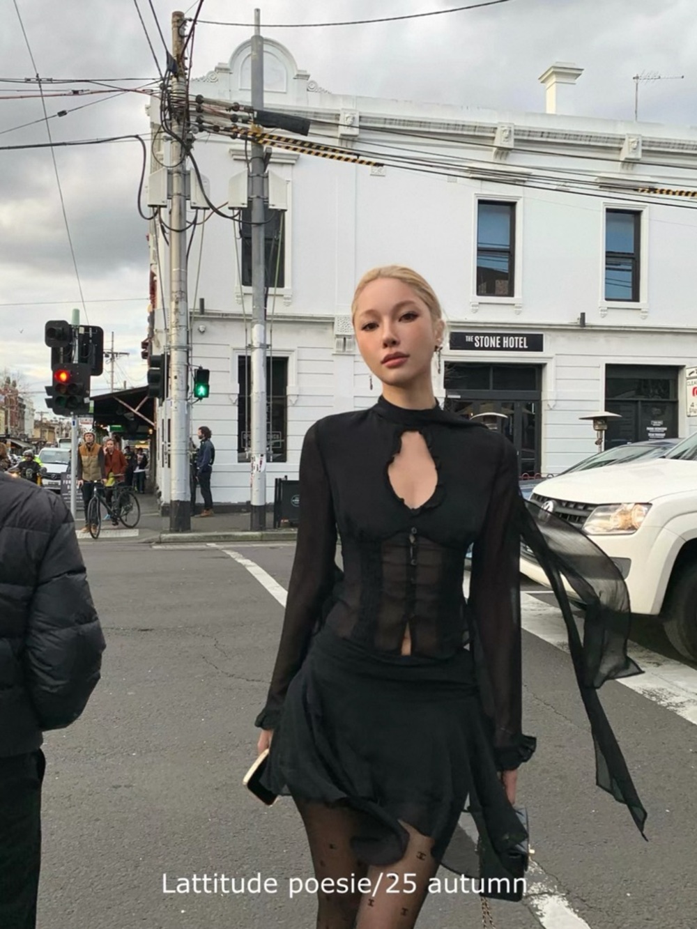 Sheer Black Keyhole Blouse with Flowing Tie
